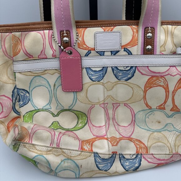 Coach Hampton Scribble Tote Bag Multicolor Canvas Leather Trim - Picture 3 of 9